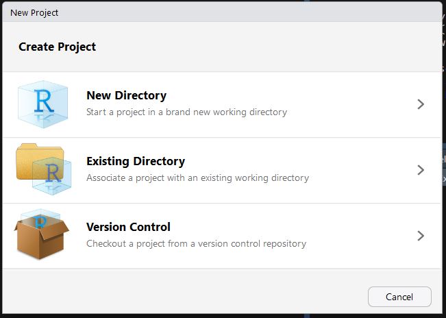 Screenshot of new project pop-up menu