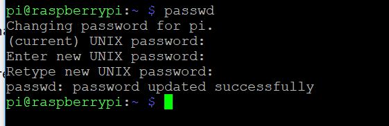 Screenshot of changing password for Raspberry Pi via Putty