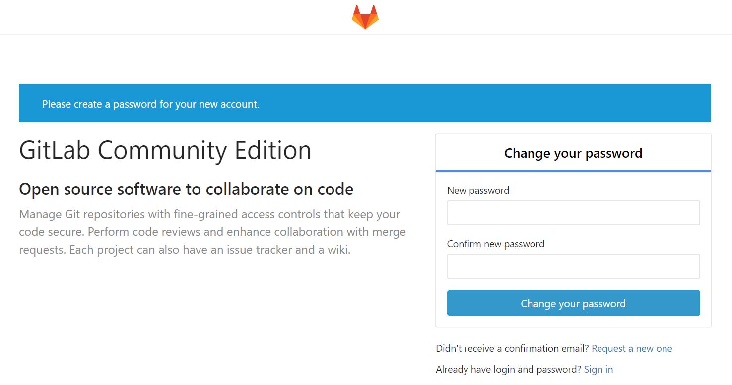 Screenshot of setting custom password at initial login to Gitlab